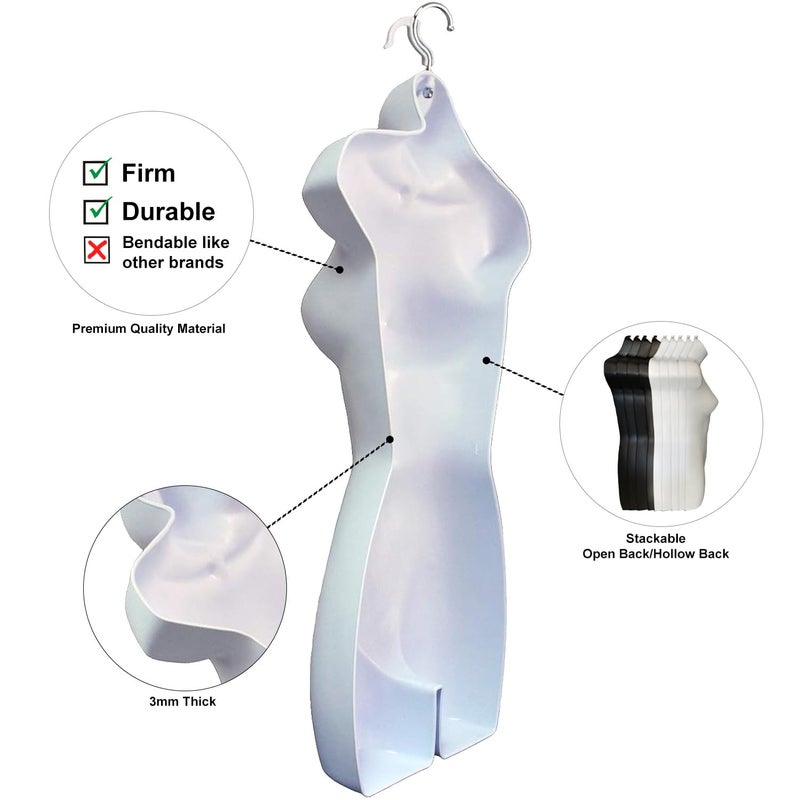 DisplayTown Female Mannequin Hip Long Torso Hollow Back Body Stackable Dress Form with Hanging Hook for Tshirt Display, Countertop, Craft Show, Photos and Design, S-M Clothing Size (White, Set of 1) - Image 2
